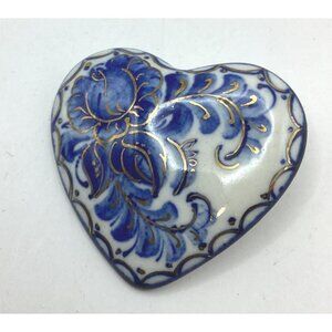 1930s Gzhel Porcelain Heart Brooch-Hand Painted Gold Trim-Gift Boxed Signed